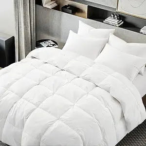 Goose Feather Down Comforter Queen Size, White 100% Cotton Duvet Insert, All Season Hotel Bedding Fluffy Cotton Comforter with Corner Tabs (White, Queen)