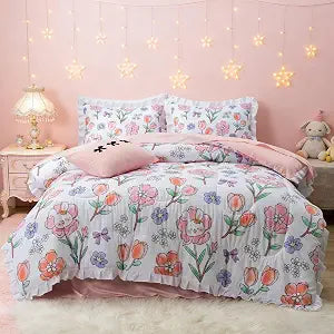 Btargot 6 Piece Floral Rabbit Ruffle Comforter Set for Girls Boys Kids, Cute Bowknot Bedding Set, Bed in a Bag with Comforter, Sheets and Pillowcases, Full Size