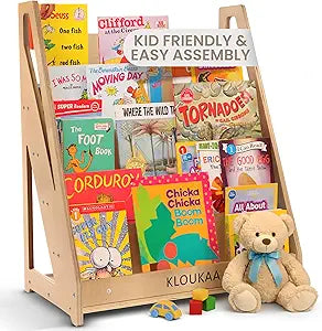 Kids Bookshelf Organizer, Montessori Front-Facing Wooden Bookcase for Toddlers, 5-Tier Children's Book Storage with Deep Shelves  Pink, Blue, Natural Wood (Brown)