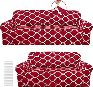 Peryiter 2 Pcs Couch Cover Set for Living Room Furniture Covers for Couch and Sofas Loveseat Arm Chair Slipcover, Furniture Protector, Stretch, Wrinkle Free (Red)