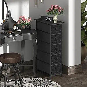GiftGo Narrow Dresser Vertical Slim Dresser Chest of Drawers Skinny Storage Tower for Small Spaces Gaps Closet Bedroom Bathroom Small Fabric Drawer Unit (Charcoal Black, 5 Drawers)