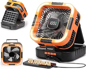 Raddy CF3 Solar Camping Fan Rechargeable, 20,000mAh Portable Fan Battery-Powered with 3W Solar Panel, USB Charging, LED Light, 6 Speeds, Oscillating for Outdoor Tent Travel Emergency
