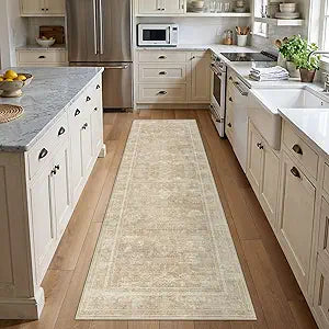 UERMEI 3x8 Machine Washable Runner Rug: Vintage Non Slip Low-Pile Stain-Resistant Hallway Floor Carpet, Soft for Entryway Kitchen Bathroom, Kid Pet Safe Robot Vacuum Friendly - Brown