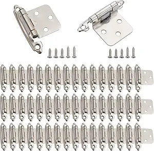 50 Pack Cabinet Door Hinges, 1/2 Inch Self Closing Overlay Hinges for Face Frame Kitchen and Bathroom with Easy Installation, Satin Nickel25 Pairs