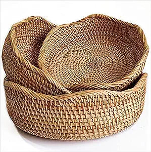 YANGQIHOME Rattan Bread Basket, Round Fruit Baskets, Wicker Storage Bowls, Natural Woven Serving Basket Bowls, Decorative Baskets for Kitchen Counter Organizing
