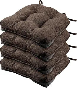 Wellsin Chair Cushions for Dining Chairs, Non-Slip Kitchen Chair Pads with Ties, Tufted Shredded Foam Kitchen Chair Cushions Set of 4, 15.5" X 15.5", Brown