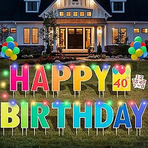 Happy Birthday Yard Sign with Stakes, Customizable Age Birthday Sign with 32.8 ft Colorful LED Lights, 20 Number Stickers & 20 Balloons, Versatile Indoor/Outdoor Decorations for Parties, Lawn & Garden