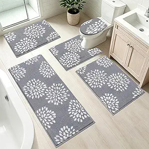 HEBE Floral Bathroom Rugs Set 5 Piece, Non Slip Washable Bath Mat Set for Bathroom, Absorbent Microfiber Bath Carpet with U-Shaped Contour Rug for Tub, Shower, Light Grey