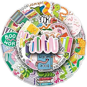 50 Pcs Cute Bookworm Stickers, Waterproof Vinyl Reading Themed Decals, Book Lover Stickers for Kindle Laptop Notebook Luggage, Ideal Gifts for Avid Readers