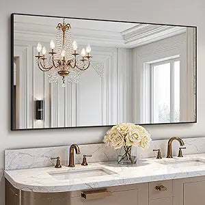 TRAHOME Bathroom Vanity Mirror for Wall, 55" x 30" Metal Framed Rectangular Bathroom Wall Mirror for Over Sink, HD Shatterproof Glass, Hangs Horizontally or Vertically(Black)