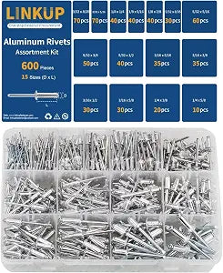 Linkup 600pcs 15 Sizes Pop Rivets Assortment Kit,Aluminum Rivets, Silver pop rivet set including 3/32" 1/8" 5/32" 3/16" 1/4" blind rivets for metal Dome Head rivet kit