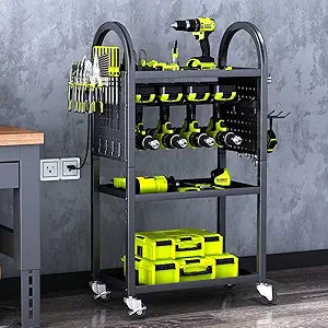 KAFAHOM Power Tool Organizer - 4 Tier Rolling Tool Cart with 8-12 Drill Holder,Tool Storage Cart on Wheels - Heavy Duty Metal Utility Tool Shelf for Garage, Workshop, Warehouse & Repair Shop