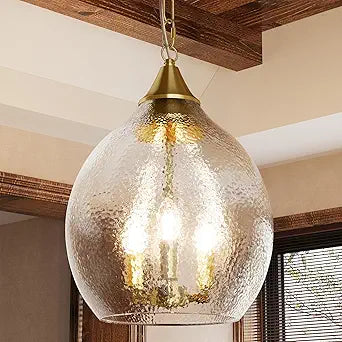 TOCHIC Glass Pendant Light Fixtures, 3 Lights Modern Farmhouse Kitchen Pendant Lighting Over Island, 13.3" D Large Hammered Glass Gold Chandelier for Bedroom, Living Room, Dining Room, Foyer, Hallway