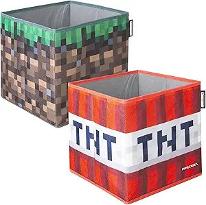 Minecraft: Fabric Storage Boxes: 2pc - TNT & Grass Block - 10" Collapsible Square Cubes, Toys-Games-Clothes Organization, Game Theme Decor, Licensed