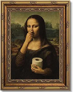 Vintage Gold Carving Framed Mona Lisa Canvas Wall Art Funny Mona Lisa Painting Pictures Wall Decor Humor Amusing Toilet Pinching Nose Poster Prints Artwork for Bathroom Restroom Home Decor 16x24 in