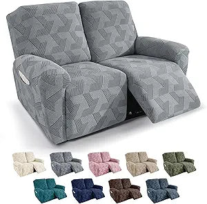JIVINER Stretch Recliner Loveseat Covers, 4 Pieces Geometrical Jacquard Recliner Covers with Pockets, Recliner Couch Covers Furniture Protector Covers for Pet, Kids (2 Seater, Light Grey)