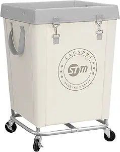 STORAGE MANIAC Commercial Laundry Hamper with Heavy Duty Steel Frame, 160 L Industrial Laundry Basket Cart with Wheels for Hotel, Home, Laundry Room, 18''L x 18''W x 31''H, Medium Beige