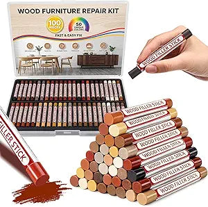100 Pcs Wood Filler Sticks, 50 Colors Wood Furniture Repair Wax Crayons for Wooden Furniture Floors Cabinets Tables and Doors Scratches Crack Scuffs Gouges Quick Fix