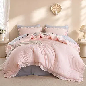 JANZAA Blush Pink Comforter Set Queen, Ruffle Soft Bedding