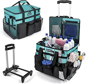 Rolling Cleaning Caddy Bag with Wheels, Large Cleaning Cart Detachable Trolley, Cleaning Bags for Housekeepers With Shoulder Strap & Multi Pockets for Cleaning Tools Storage (Amber Green)
