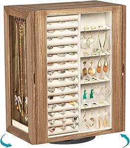 Emfogo 360 Rotating Jewelry Box for Women, Rustic Wooden Jewelry Organizer Box with 5 Drawers, Glass Doors, Vertical Open Design Jewelry Storage Case Display for Earrings Rings Necklaces Bracelets