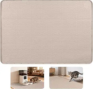 Cat Food Mat 50''x35'' Silicone Pet Mat for Food and Water, Khaki | Extra Large Cat Mat for Food, Dog & Cat Bowl Mat with Raised Edges, Waterproof Non-Slip Pet Placemat for Floor