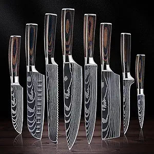 SENKEN 8-piece Premium Japanese Kitchen Knife Set with Laser Damascus Pattern - Imperial Collection - Chef's Knife, Santoku, Bread, Paring & More, Ultra Sharp for Very Fast Cutting