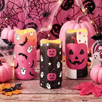 3 Pcs Pink Halloween Decor Flameless LED Candle Ghost Pumpkin Bat