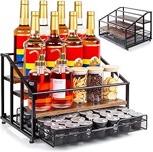 kimilus Coffee Syrup Rack Organizer, 4-Tier 12 Bottle Syrup Rack with 35 K Cup Drawer for Coffee Bar, Countertop Bottle Holder Stand for Dressing for Kitchen Cafe Station