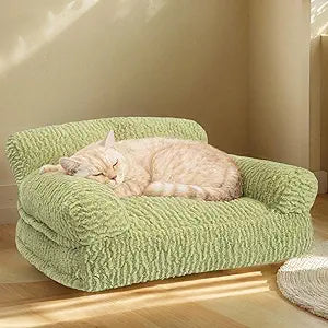 KHONSU PET Cat Couch Bed - Plush Fluffy Cat Sofa for Indoor Cats, Orthopedic Kitten Lounge Chair with Removable Washable Cover, Supportive Pet Couch, 24 inch, Green