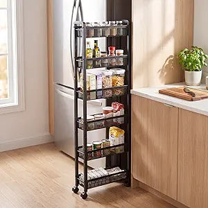 6 Tier Slim Rolling Storage Cart, Narrow Kitchen Storage Cart, Spice Rack Organizer with Wheels, Space Saving Shelf for Living Room, Laundry Room, Bathroom, Narrow Spaces