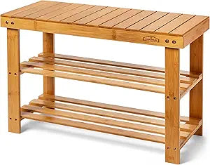 Purawood Bamboo 3 Tier Shoe Rack Bench, Premium Shoe Organizer or Entryway Bench, Perfect for Shoe Cubby, Entry Bench, Bathroom Bench, Entryway Organizer, Hallway or Living Room