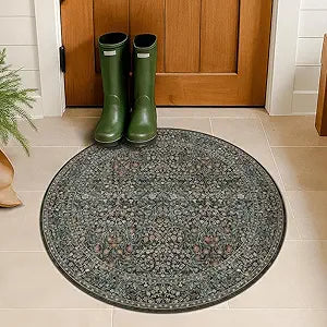 Vintage 3ft Round Washable Entryway Rug, Soft Small Round Area Rugs for Indoor Door Mat, Bedroom, Kitchen, Bathroom, Living Room, Ultra-Thin Non-Slip Dark Green Floral Front Door Circle Rug Dcor