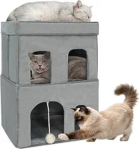 2-Story Cat House for Indoor Cats, Double & Multi Cat Bed Cave with Interactive Windows & Hanging Ball,Portable Foldable Two-Story Cat Condo Tunnel for Multiple Cats