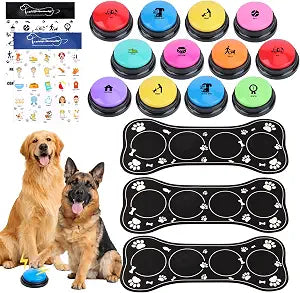 Dog Buttons for Communication,12 Pcs 10 Color Talking Button Set with 30s Recordable Voice Pet Training Buzzers with 3 Mats & 2 Stickers, Talking Buttons for Dogs & Cats (Batteries Not Included)