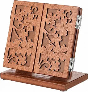 SiliFine Carved Wood Trifold Vanity Mirror with Stable Base, Folding 3 Way Vintage Desktop Mirror for Makeup Cosmetic, for Dressing Table, Bathroom, Travel, Daily Grooming, 7'' x 6.9''