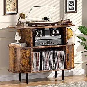 Large Record Player Stand with Storage and Shelves, Mid Century Modern Record Player Cabinet with Doors, Vinyl Record Player Table Holds 150+ Records for Living Room Bedroom (Brown)