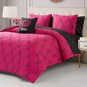 Juicy Couture Hot Pink/Black Link Logo Printed Comforter Set, Queen  Complete 8-Piece Bed in a Bag Collection