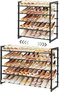 FAVOOSTY 5-Tier Expandable Shoe Rack, Adjustable Shoe Shelf Storage Organizer Space Saving Metal Free Standing Shoe Rack for Entryway Closet Doorway, Silver Grey (Black, 5 Tier)