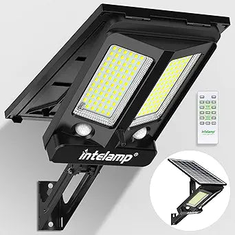 intelamp Solar Street Lights Outdoor Waterproof 3000LM 12500mAh Dual Motion Sensor Dusk to Dawn Security Floodlight Lamp Outside, LED Flood Lighting Exterior with Remote for Parking Lots Patio Yard