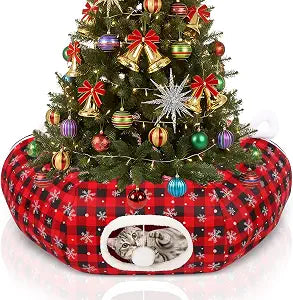 Arrowbash Christmas Cat Bed Tunnel, 3ft x 3ft x 9.8 in, Under Christmas Tree Cat Donut Tunnels Snowflake Buffalo Plaid Peekaboo Kitten Bed with Hanging Ball Decorations Cave for Xmas Tree Decor