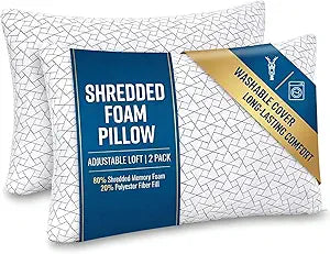 Meoflaw Adjustable Memory Foam Pillows: 2 Pack King Size Shredded Foam Bed Pillow for Sleeping with Removable & Washable Pillowcase for All Sleep Positions