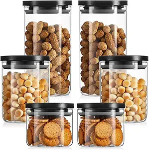 Rtteri 6 Pcs Glass Jars with Black Lids 15oz 27oz 41oz Canisters with Black Airtight Lids Stackable Glass Food Storage Containers Pantry Storage Jars PP Material Airtight
