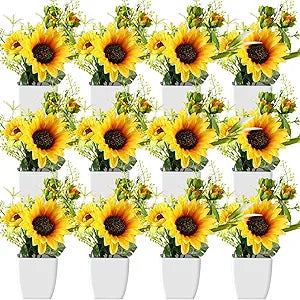 12 Pcs Artificial Sunflower Potted Plants Table Centerpieces Spring Summer Sunflowers with Plastic Pot Artificial Flower Arrangement Wedding Party Decoration Rustic Kitchen Decor (Sunflower Style)