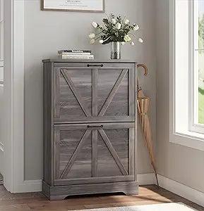 Smart FENDEE Shoe Cabinet, Shoe Storage Cabinet for Entryway with 2 Flip Drawers, Narrow Farmhouse Shoe Organizer Cabinet, Slim Shoe Rack Cabinet, Gery
