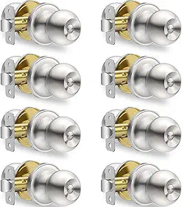 Plustool 8 Pack Privacy Door Knobs Interior, Satin Nickel Doorknob with Lock -ANSI Grade-3 Certified, Keyless Door Locks for Bedroom,Bathroom, Modern Heavy Duty Handle with Round Ball, Easy to Install