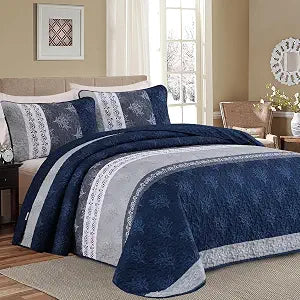 DJY Stripe Quilt Set Queen Size Navy Blue Bedspread Coverlet Set 3 Pieces Boho Branch Floral Pattern Quilted Bedding Set, Soft Lightweight Bed Cover for All Season (96''x90'')