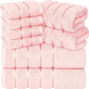 Luxury Pink Towel Set of 8-2 Bath Towels 2 Hand Towels 4 Washcloths - 600 GSM 100% Cotton Ring Spun Viscose Border Towels Set - Light Pink