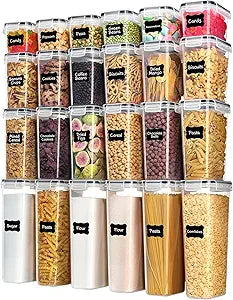 Airtight Food Storage Containers with Lids, Vtopmart 24 pcs Plastic Kitchen and Pantry Organization Canisters for Cereal, Dry Food, Flour and Sugar, BPA Free, Includes 24 LabelsBlack
