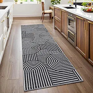 ROYHOME Modern Rug 2.5x8 Runners for Hallways, Abstract Kitchen Runner Rugs Non Slip Bath Runners, Rainbow Washable Runner Rug for Bedroom, Soft Long Rugs for Entryway Bathroom Laundry Dorm, Black